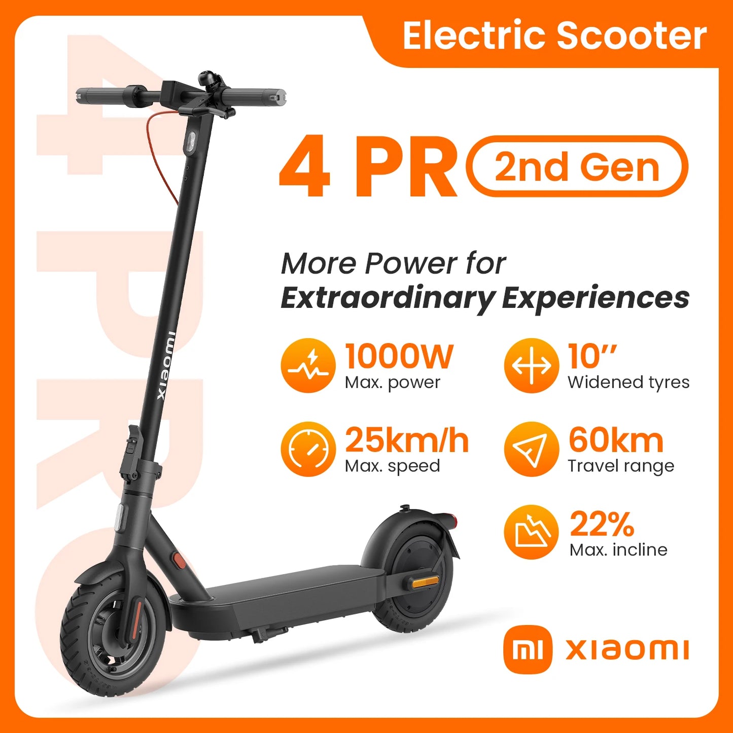 Xiaomi Electric Scooter 4 Pro – Portable Folding Design, 10'' Wheels, 60km Range, Bluetooth Smart Control for Youth & Adults
