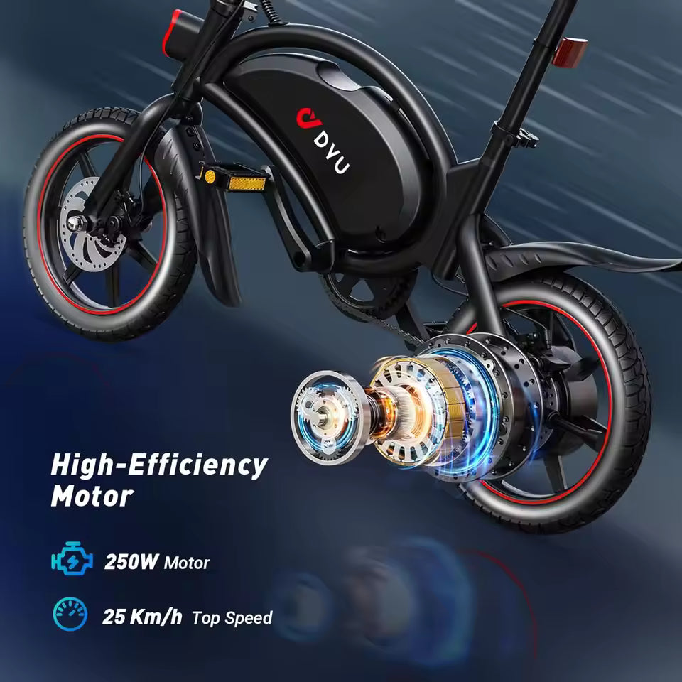 DYU D3F Electric Bike 14" Portable E-Bike 36V 10AH Lithium Battery 25km/h 60km 15° Climbing Ability Dual Disc Spring Shock, EB-012