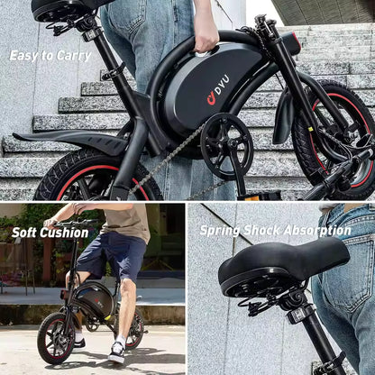 DYU D3F Electric Bike 14" Portable E-Bike 36V 10AH Lithium Battery 25km/h 60km 15° Climbing Ability Dual Disc Spring Shock, EB-012