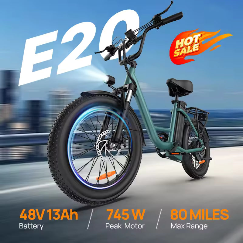 URLIFE E20 Adult E-Bike 250W 48V 13Ah Battery Commute Electric Bike 20-inch Fat Tire City E-Bike, EB-02