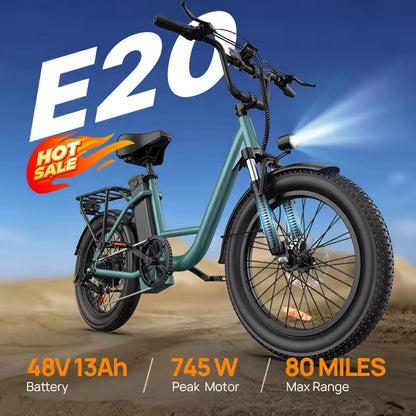 URLIFE E20 Adult E-Bike 250W 48V 13Ah Battery Commute Electric Bike 20-inch Fat Tire City E-Bike, EB-02
